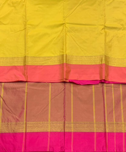 Arani Silk Saree Yellow Colour with Pink and Golden Zari Border
