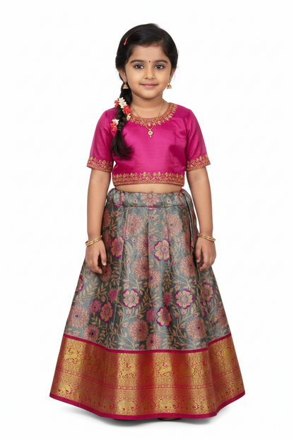 Gray Shade Vegan Silk Kids Pattu Pavadai with Contrast border for age 2 to 5