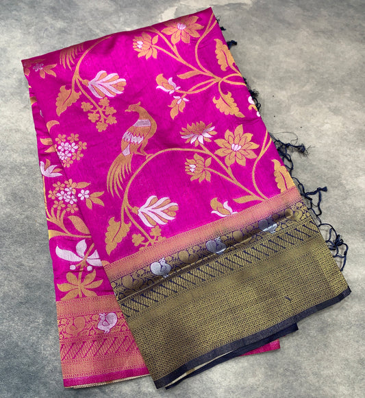 Banaras Soft Silk Saree Pink Colour with Navy Blue Colour Border