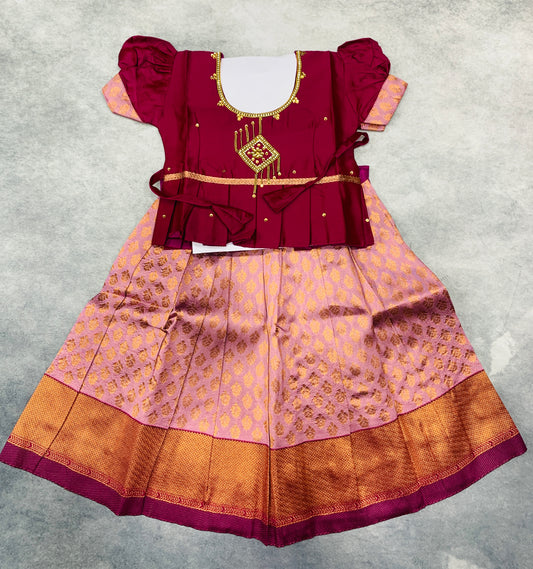 Ready To Wear Lavender Pavadai with Contrast Maroon Blouse