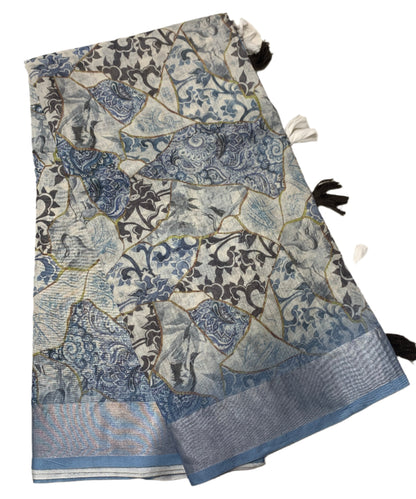 Jute Cotton Saree Ice Blue Colour with Thread Border