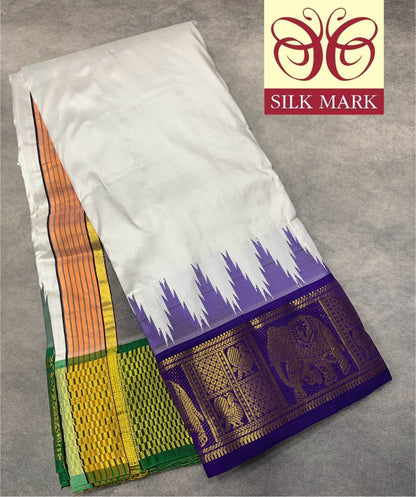 10X6 Pure Silk Dhoti White Colour with Purple and Green Colour Border