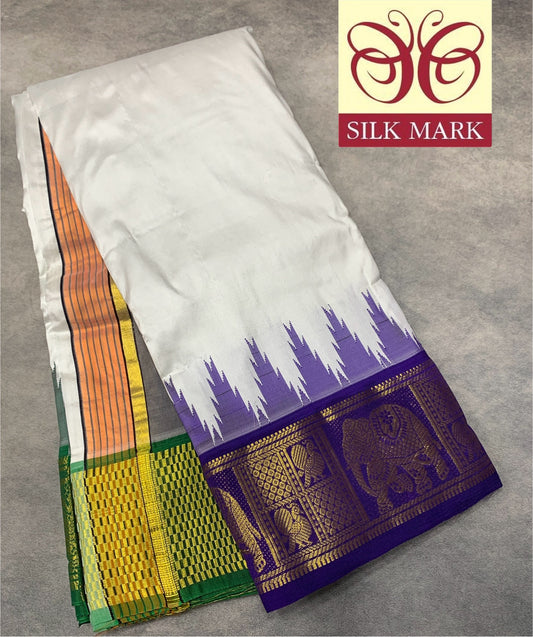 10X6 Pure Silk Dhoti White Colour with Purple and Green Colour Border