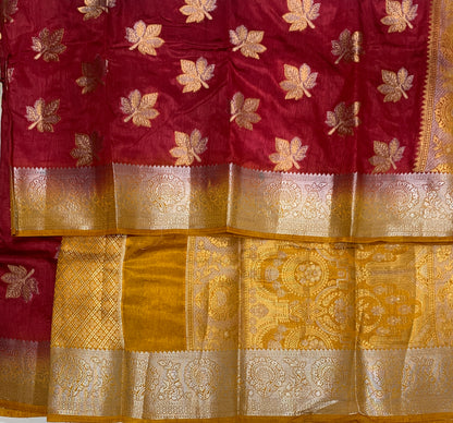 Tussar Saree Maroon Colour with Golden Yellow Border