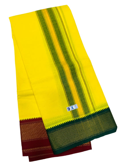 9X5 Cotton Dhoti Yellow Colour with Green and Brown Border