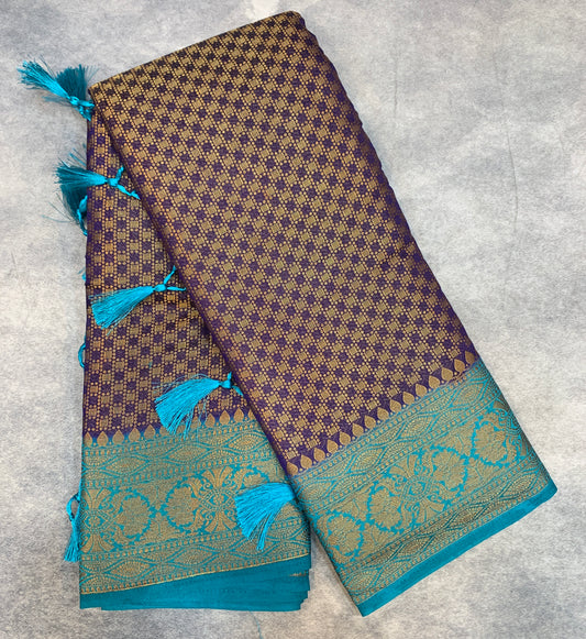 Crepe Saree Navy Blue Colour with Sky Blue Border