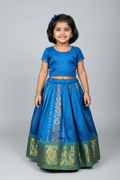 Sky Blue Shade Semi Silk Kids Pattu Pavadai with Contrast border for Age 2 to 5 Years