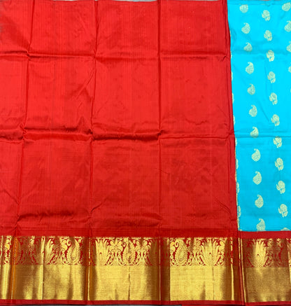 Sky Blue Shade Pure Kanchipuram Kids Pattu Pavadai with Contrast Border for age 2 to 5
