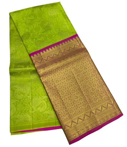 Pista Green Shade Pure Kanchipuram Kids Pattu Pavadai with Contrast Border for Age Above 10 Years