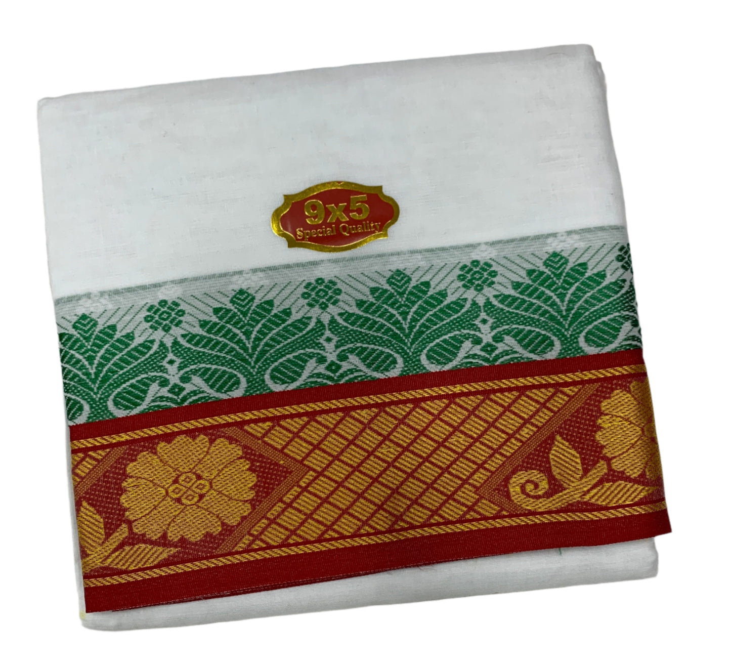 9X5 Cotton Dhoti White with Red and Green Ganga Jamuna Border