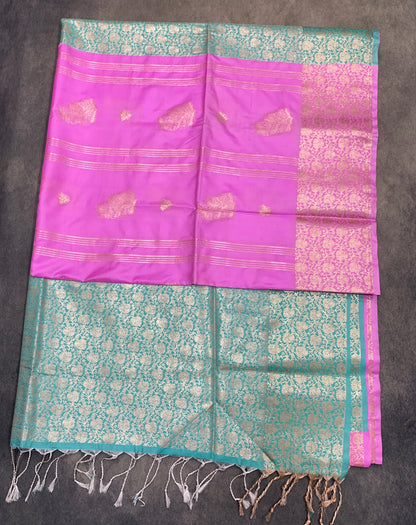 Art Silk Saree Baby Pink Colour with Sliver Zari Border