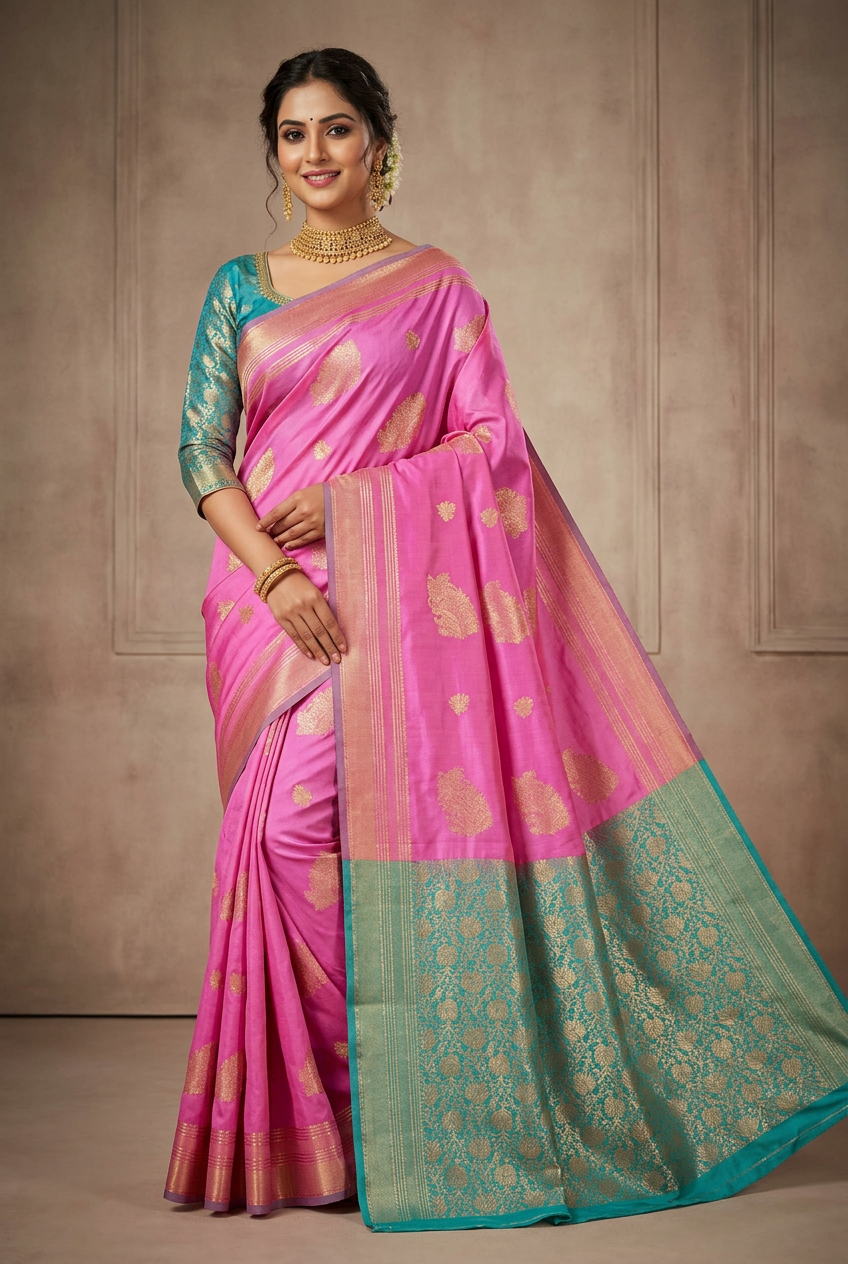 Art Silk Saree Baby Pink Colour with Sliver Zari Border