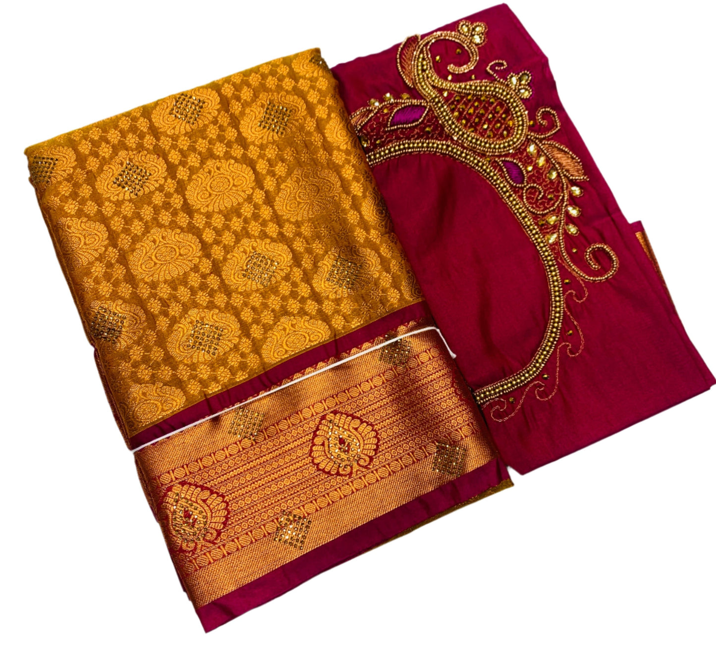 Bridal Vegan Silk Saree Mustard shade with Pink Border with Unstitched blouse in Aari work