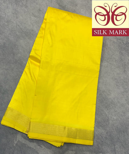 9X5 Pure Silk Dhoti Lemon Yellow with Small Golden Zari Border
