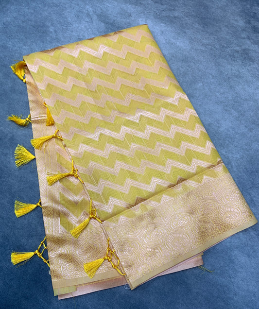 Banaras Katan Saree Yellow Colour with Katan Work Border