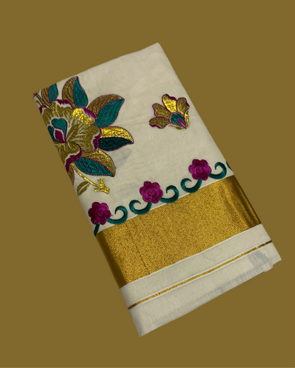 Kerala Cotton Saree Cream Colour with Zari Border