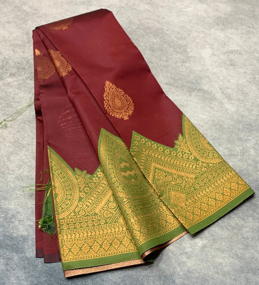 Maroon Colour Art Silk Saree with Olive Green Border