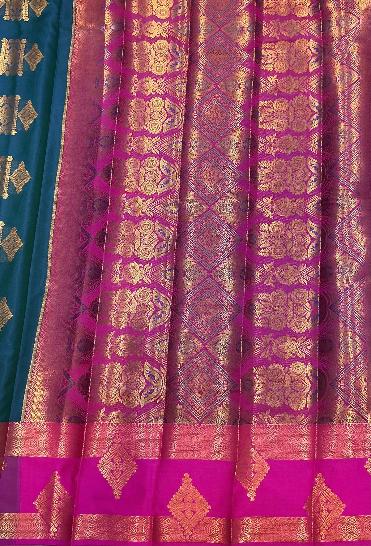 Soft Silk Casual Saree Peacock Blue with Rettai Pettu Magenta Colour Border