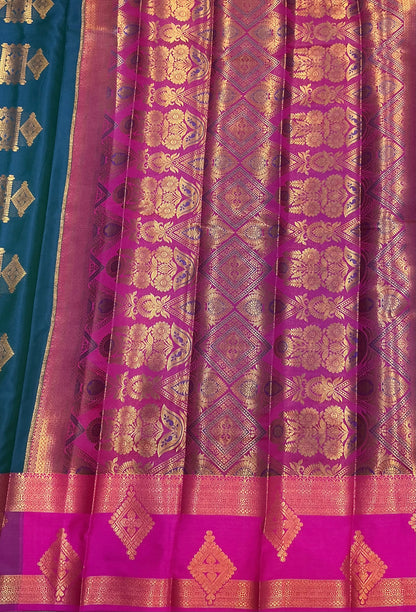 Soft Silk Casual Saree Peacock Blue with Rettai Pettu Magenta Colour Border