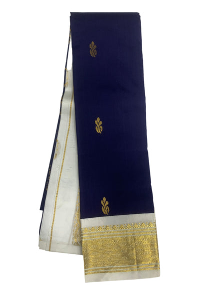 Pure Kanchipuram Silk Saree Navy Blue Colour with White and Gold Zari Border