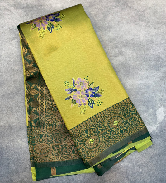 Fancy Tissue Saree Olive Green Colour with Green Border