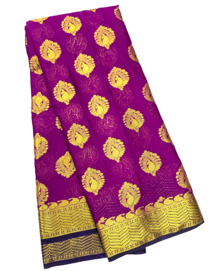 Crepe Saree Magenta Colour with Golden and Navy Blue Border