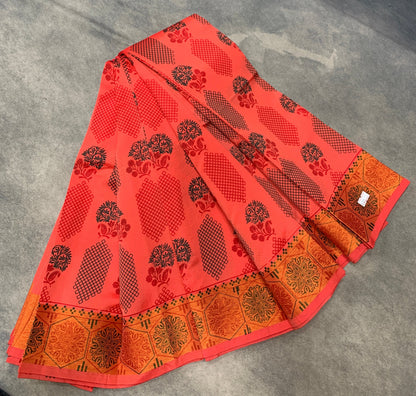 Fancy Cotton Saree Peach Colour with Copper Border