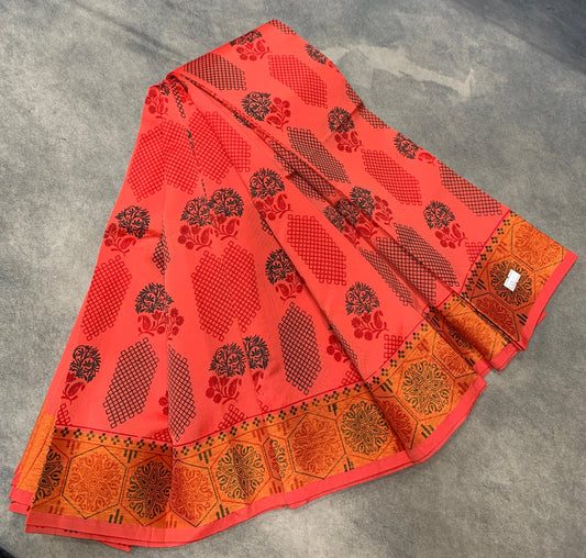 Fancy Cotton Saree Peach Colour with Copper Border