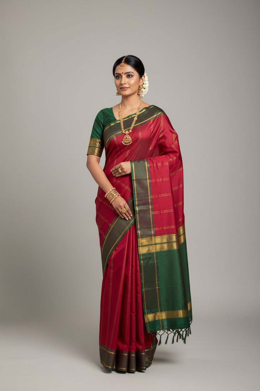 Arani Silk Saree Maroon Colour with Green and Golden Border.