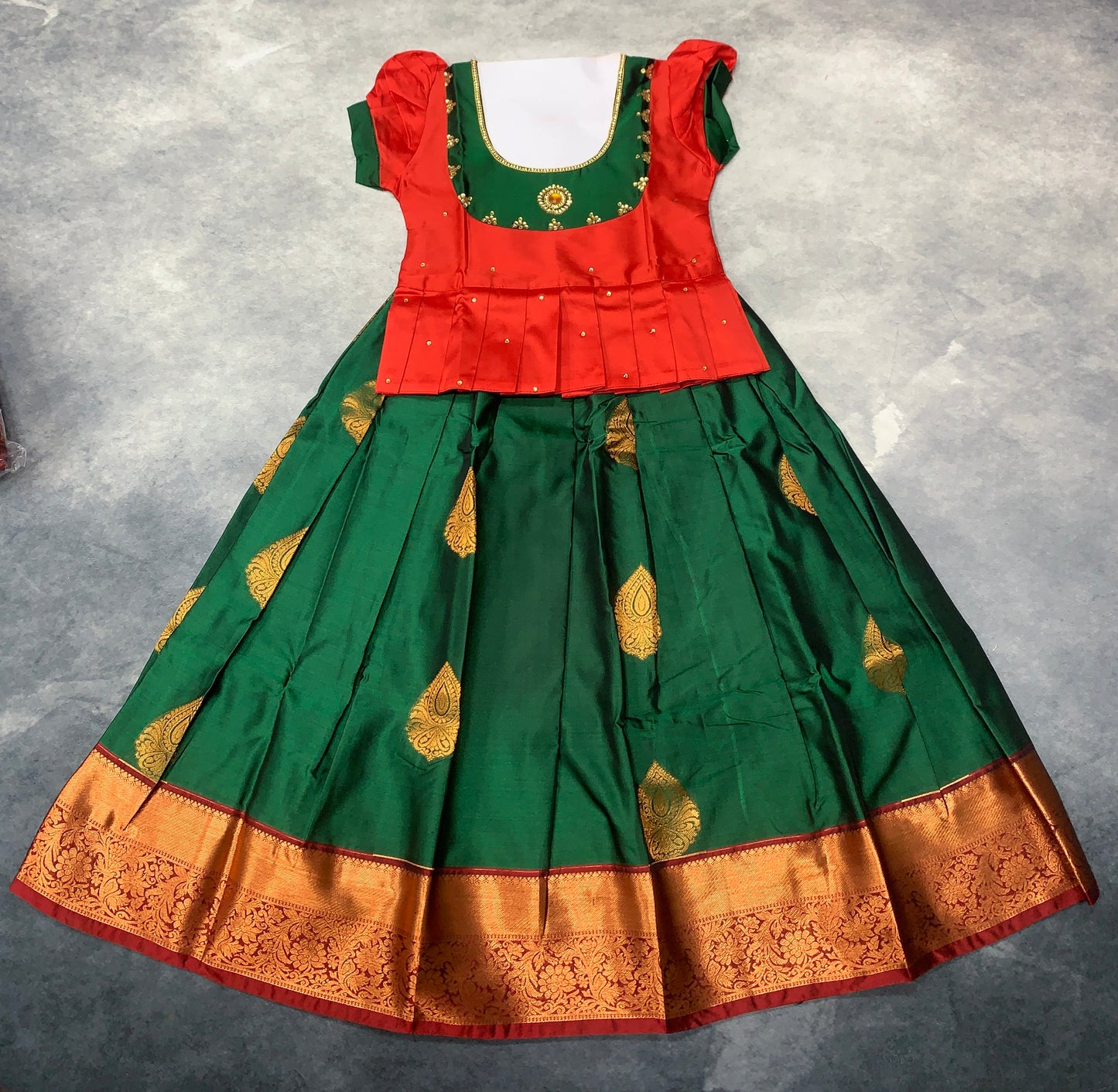 Ready To Wear Green Pavadai with Contrast Green and Red Blouse