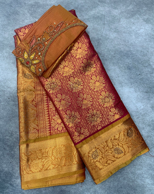 Bridal Vegan Silk Saree Pink shade with Golden Yellow Border with Unstitched blouse in Aari Work