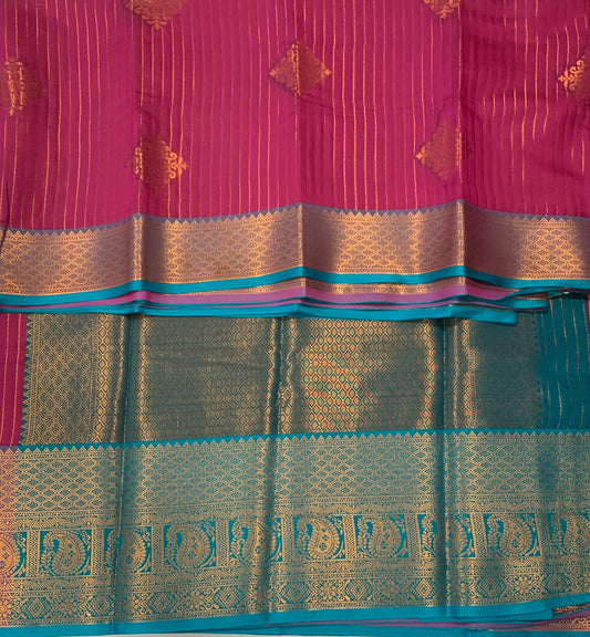 Vegan Lakshadeepam Silk Saree Pink Colour with Copper Border