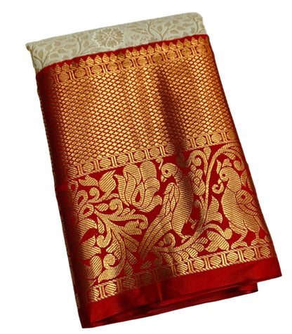 Vegan Silk Saree Ivory Colour with Red Border