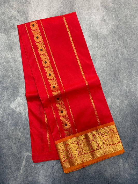 Red shade Semi Silk Kids Pattu Pavadai with Contrast border for age above 10 years