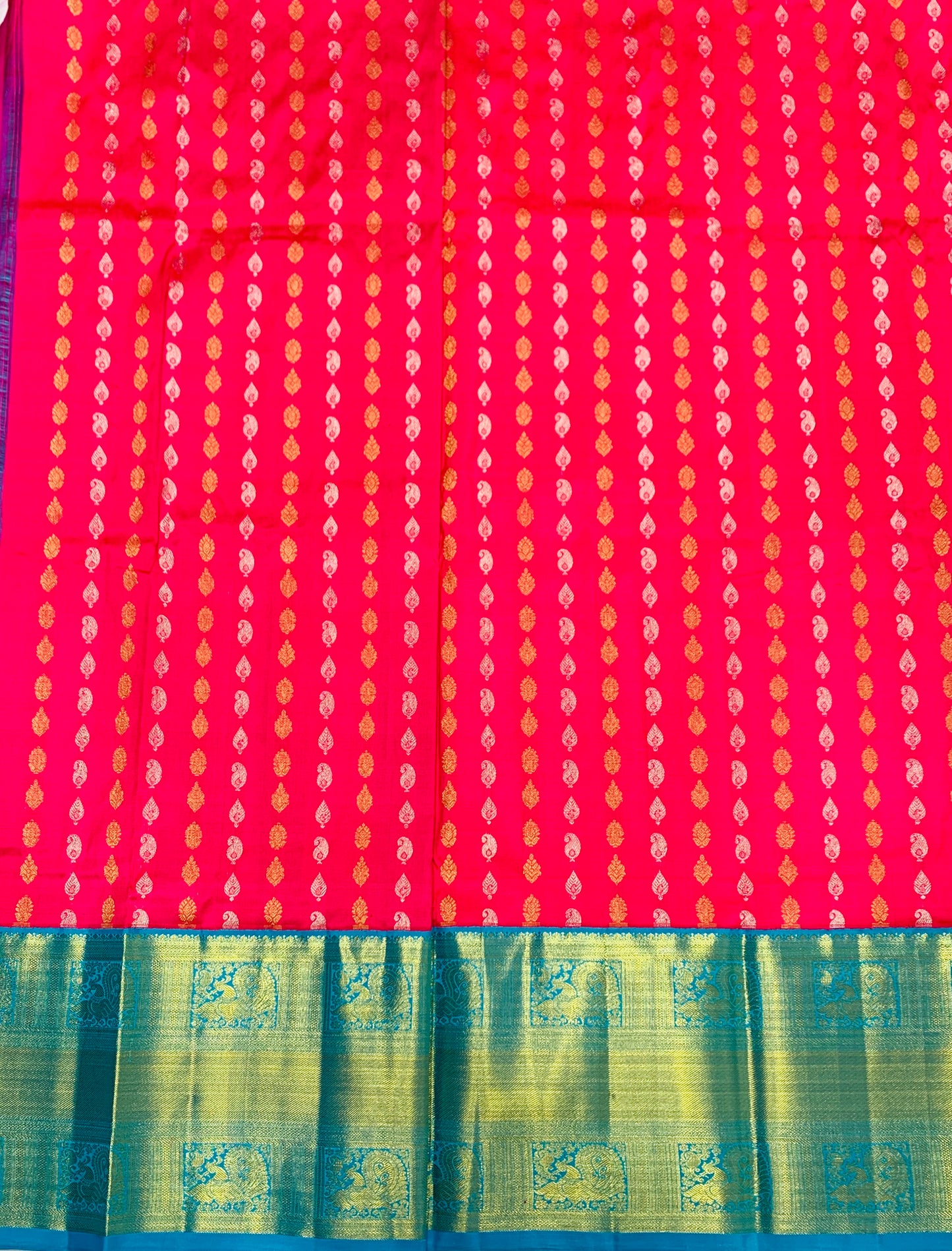 Pinkish Red shade Pure Kanchipuram Kids Pattu Pavadai with contrast border for age 5 to 10