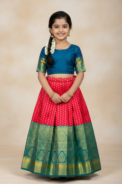 Pinkish Red shade Pure Kanchipuram Kids Pattu Pavadai with contrast border for age 5 to 10
