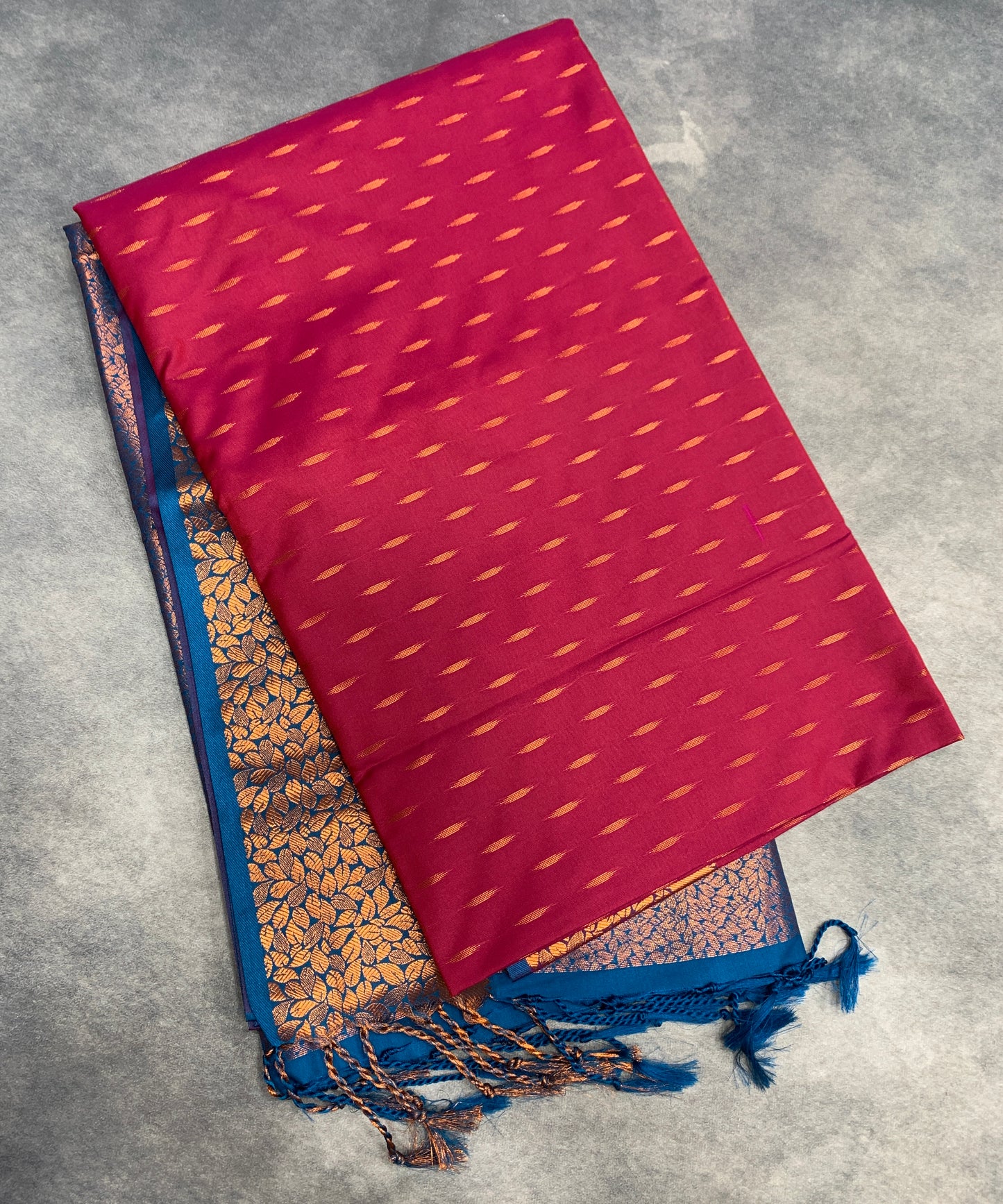 Soft Vegan Silk Saree Reddish Pink Colour with Sky Blue and Copper Border