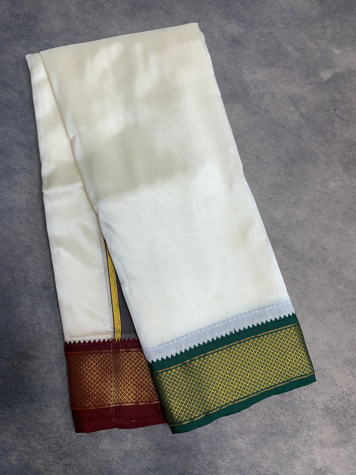 Art Silk Dhoti 8 Mulam in Cream with Medium Ganga Jamuna(Green/ Maroon) Border