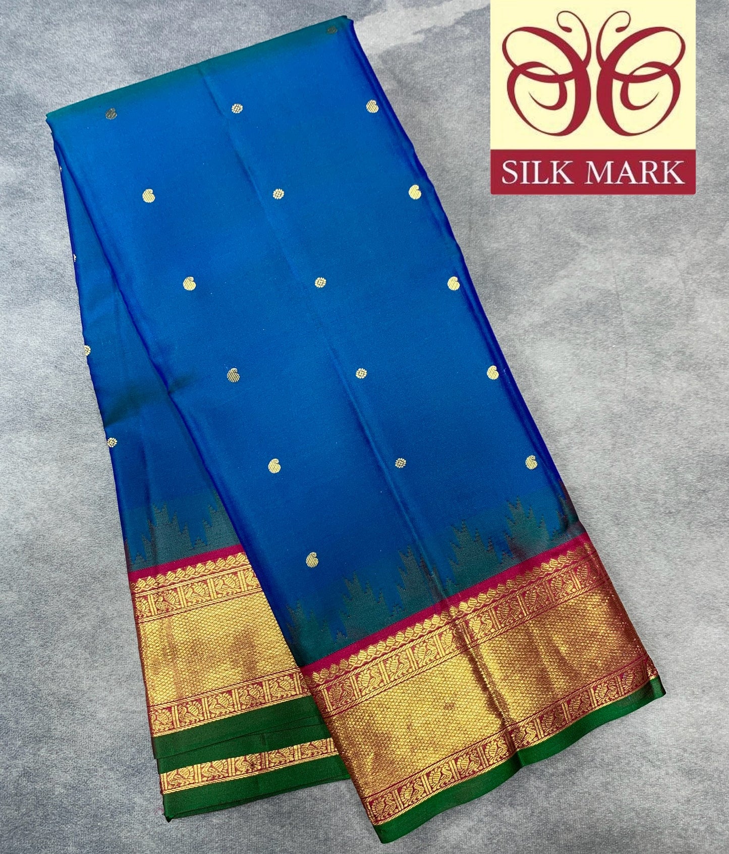 Pure Kanchipuram Silk Sky Blue Colour with Red and Golden Zari Border