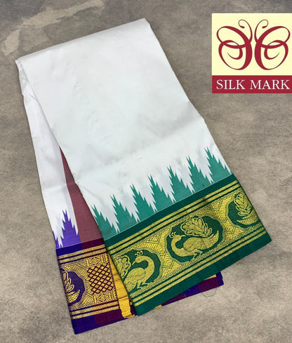 6 Mulam Silk Pooja Towel White Colour with Ganga Jamuna Korvai Border