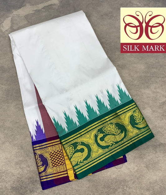 6 Mulam Silk Pooja Towel White Colour with Ganga Jamuna Korvai Border
