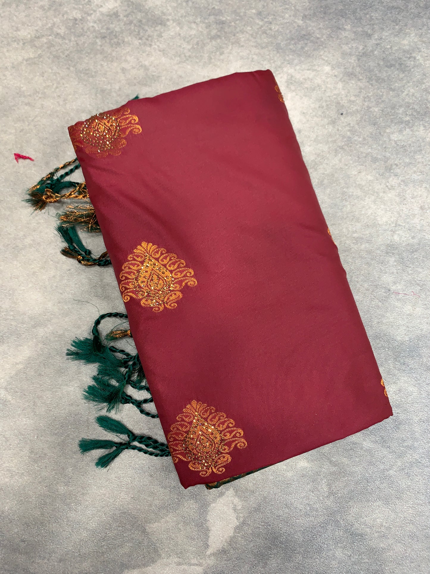 Soft Vegan Silk Saree Maroon Colour with Green and Copper Border