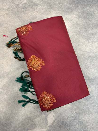 Soft Vegan Silk Saree Maroon Colour with Green and Copper Border