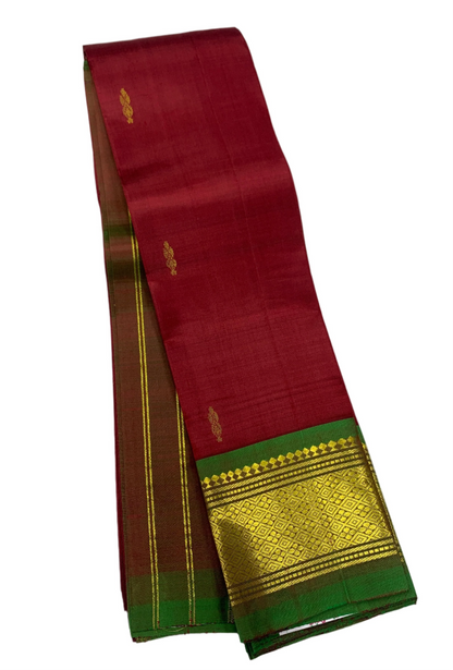 Pure Kanchipuram Silk Saree Maroon shade with Green and Golden Zari Border