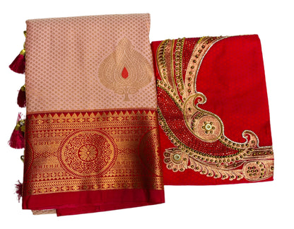 Bridal Vegan Silk Saree Peach Colour with Red Border with Unstitched blouse in Aari work