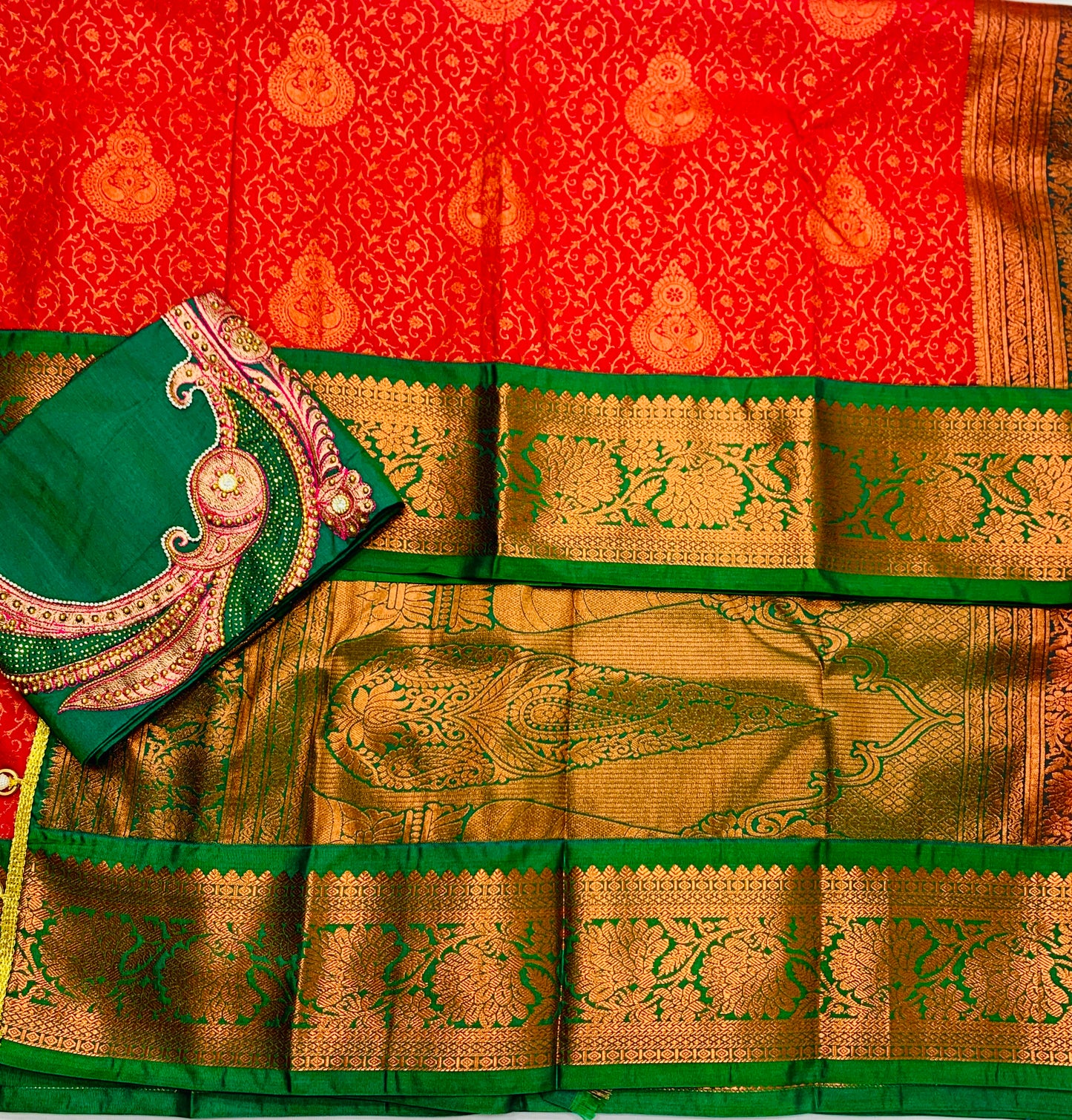 Bridal Vegan Silk Saree Red shade with Green Border with Unstitched blouse in Aari work