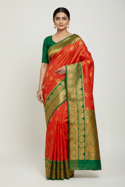 Bridal Vegan Silk Saree Red shade with Green Border with Unstitched blouse in Aari work