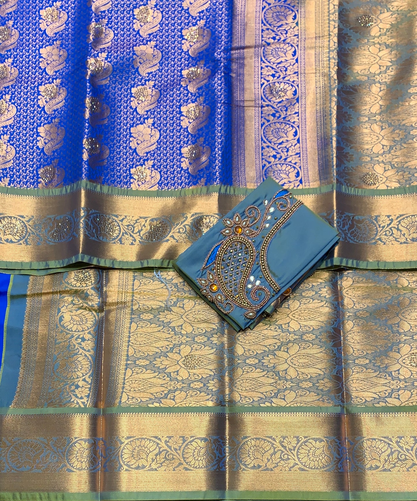 Bridal Vegan Silk Saree Blue Colour with Light Green Border with Unstitched blouse in Aari Work