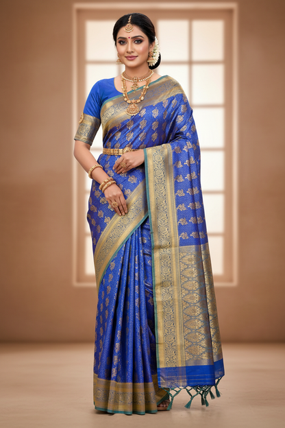 Bridal Vegan Silk Saree Blue Colour with Light Green Border with Unstitched blouse in Aari Work