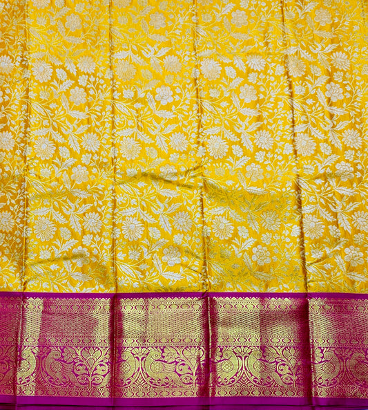 Yellow Shade Vegan Silk Kids Pattu Pavadai with Contrast Border for age 2 to 5
